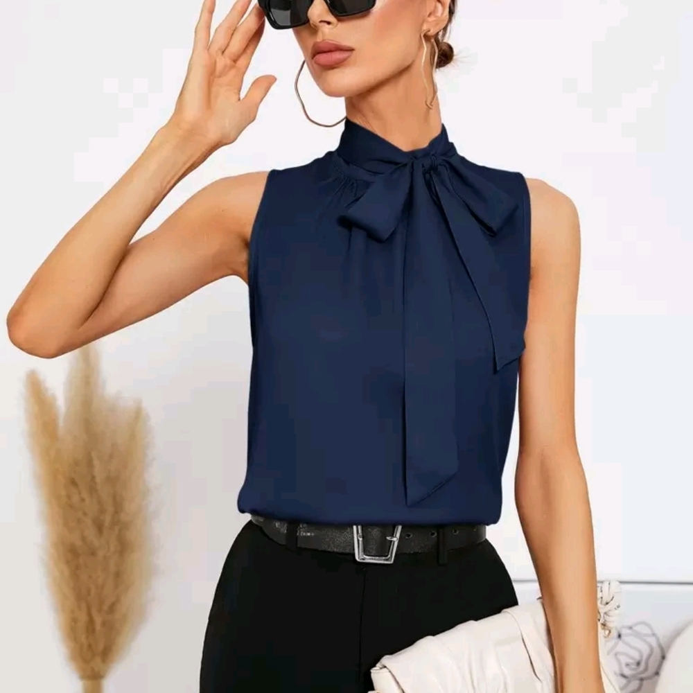Elegant Navy Tie Neck Sleeveless Blouse